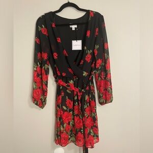 Premier Amour Women Long Sleeve rose pattern dress, with belt,  Size 12, NWT